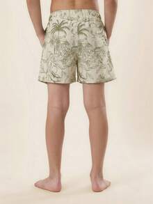 SUMWON 男童热带棕榈树菠萝印花泳裤，带抽绳腰带和侧袋，夏季海滩度假泳装 - 卡其色 - 查看 2