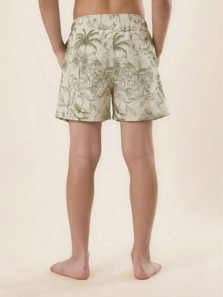 Tropical Print Swim Shorts With Drawstring