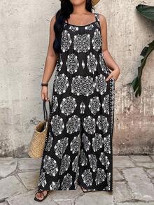EMERY ROSE Black & White Classic Sleeveless Jumpsuit With Vintage Floral Print, Wide Leg Plus Size - Black - View 6