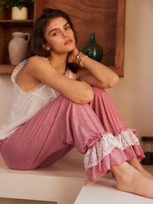 Bohemian Vacation Lace Trim High Quality Gauze Knit Fabric Comfortable Soft Flexible Ankle Women Pajama Bottoms - Grey - View 6