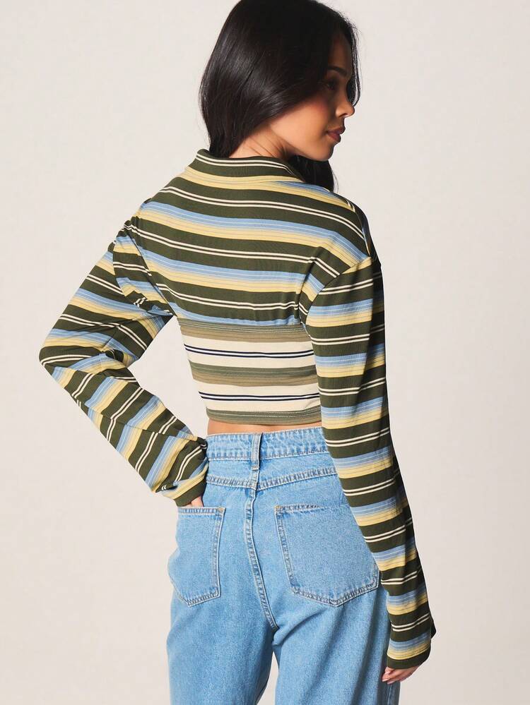 MISSGUIDED Striped Long Sleeve Crop Polo Top And High Waisted Wide Leg Jeans Two Piece Set
