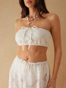 Silquee 女士新款蕾丝刺绣镂空网纱面料时尚度假休闲优雅浪漫吊带背心，春夏款 - 杏色 - 查看 4