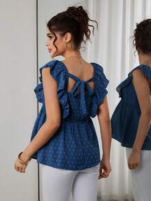 Momance Nursing Top With Flutter Sleeves, Square Neckline, Hidden Zippers On Front, A-Line Hem, Bow Tie Back, Cutout Design - Blue - View 2