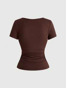 ROMWE Avant Áo thun nữ phối màu tương phản đa năng, dễ mặc, kẻ sọc. - màu nâu - Xem 2