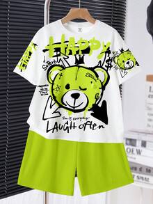 Teen Boy Casual Streetwear Minimalist Short Sleeve Crew Neck T-Shirt And Shorts Set, Suitable For Summer, Classic Cartoon Cool Graffiti Bear White - Multicolor - View 2