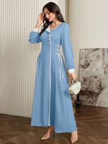 Modelyn Elegant Long Sleeve Dress With Contrast Color Trim And Drawstring Waist - Blue - View 2