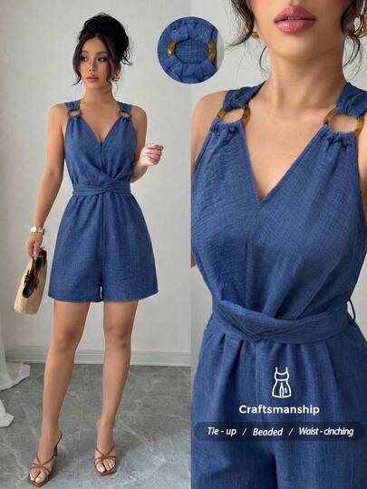 Elenzga Women's Elegant Blue V-Neck Sleeveless Jumpsuit With Circle Decor Button, Bow Tie Design, Fitted Silhouette, Suitable For Spring/Summer