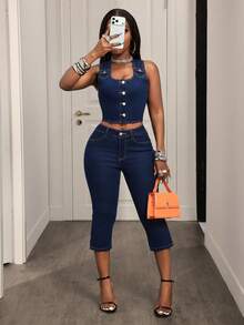 BamGleam Chaleco corto de mezclilla de unicolor con cuello en U y sin mangas, moda de verano para mujer - Azul lavado oscuro - Ver 5