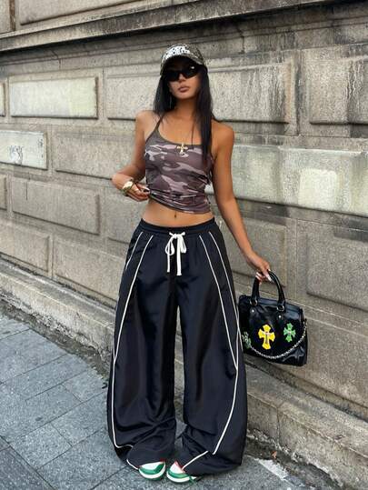 Coolane Women's  Spring/Summer Streetwear Going Out Casual Black Woven Contrast Trim Drawstring Waist Casual Wide Leg Pants