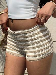 Aloruh Damen Shorts mit Schleifen-Dekor, gestreift, elegant, mit extra-niedriger Taille - Khaki - Übersicht 6