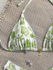 Swim Mod 2pcs/Set Summer Vacation Random Gold Shell Print Halter Triangle Bikini Top And High Cut Swim Bottoms Sexy Swimwear Set Boho Bikini Set Boho Bathing Suit Vacation Bikini Set Pattern Bikini Bikini Set Summer Beach Bikini Set Floral Bikini Set - Olive Green - View 4