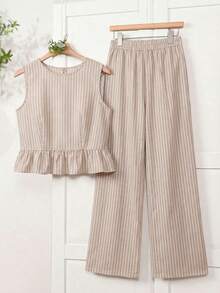 Rosumi Plus Size Women's 2pc Set,White Striped Ruffle Sleeveless Tank Top And Wide Leg Pants,Summer Vacation Holiday Boho Outfit,Casual Everyday Set - Khaki - View 10