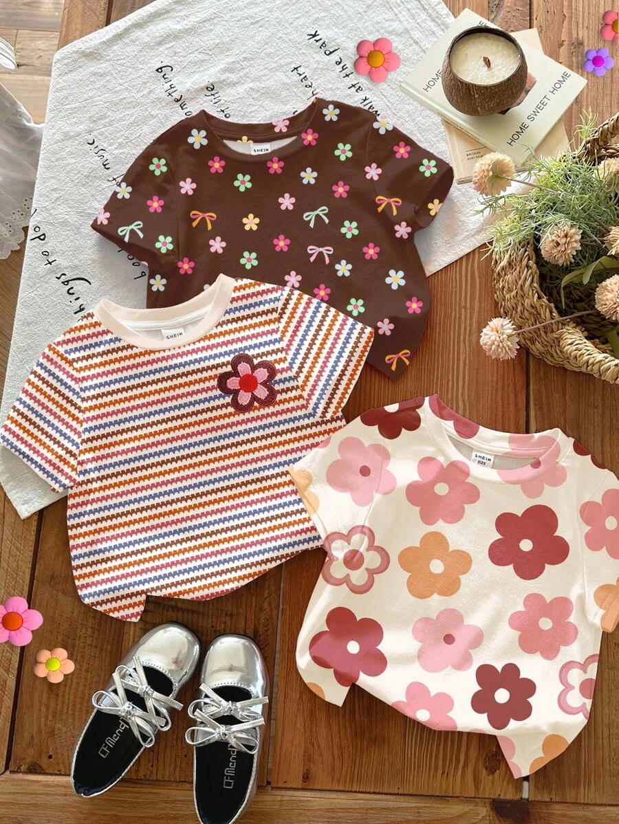 SHEIN LMoss Kids 3件套女婴可爱多巴胺花卉系列奶油白、多巴胺彩色条纹、棕色休闲百搭圆领短袖基础款T恤,适合所有季节日常穿着、居家、度假、假日,轻松舒适,春夏时尚休闲,儿童花卉条纹图案服装,时尚夏季,冬季时尚,新款,清凉舒适 - 彩色 - 查看 1