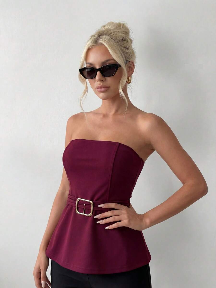 Ritzy Row Women's Solid Color Bandeau Top With Metal Decor, Fashionable & Versatile For Dates, Parties - Burgundy - View 1