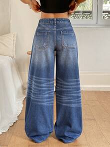 Rivivi 女士带口袋纽扣休闲百搭日常穿着阔腿牛仔裤 - 藍色 - 查看 2