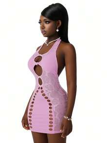 Amplova Đầm nữ ren phối nhiều mảnh, cổ yếm hở lưng, gợi cảm và phá cách theo phong cách Y2K, phù hợp để mặc hàng ngày. - Màu Hồng baby - Xem 7