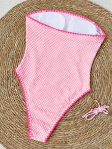 SHEIN Swim 女士优雅休闲可拆卸肩带抹胸连体泳衣，纹理面料时尚撞色设计，适合夏季海滩度假、海滩派对穿着，2026 女士春夏海滩度假连体泳衣 - 粉色 - 查看 2