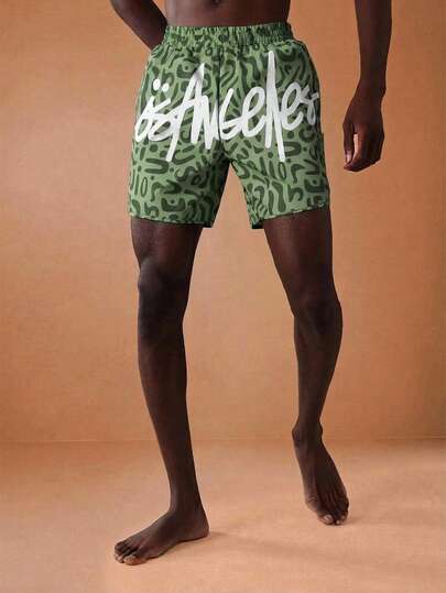 SUMWON Men's Los Angeles Swim Shorts With Abstract Print Beach Boardshorts Summer Vacation Swimwear Regular Fit Curved Hem Green Pattern Beachwear