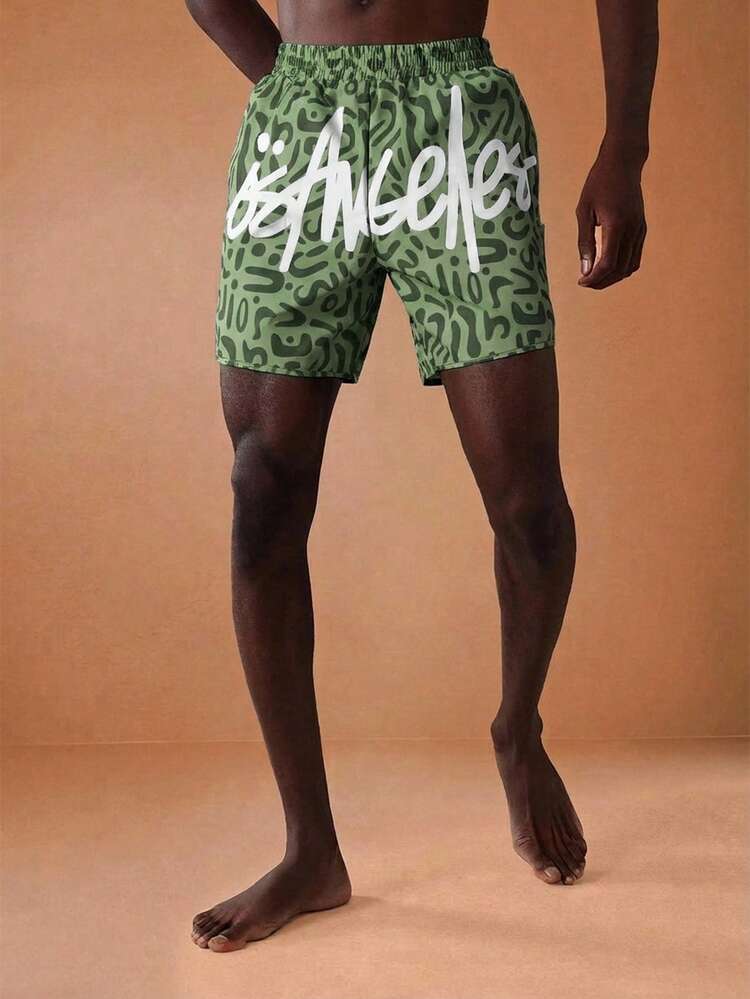 Abstract Print Swim Shorts With Curved Hem
