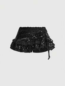 ROMWE Grunge Punk Chân váy ngắn nữ cạp thấp họa tiết da báo, viền ren, kiểu dáng vintage gợi cảm, xếp tầng, thắt nơ. - màu đen - Xem 1