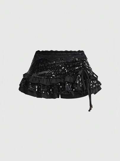 ROMWE Grunge Punk Women's Low Waist Leopard Print Lace Trim Sexy Vintage Layered Ruffle Tie Bow Mini Skirt