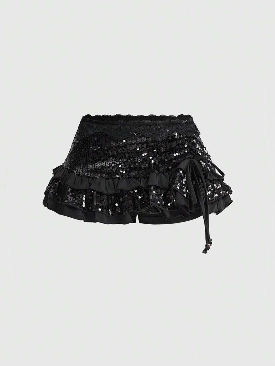 ROMWE Grunge Punk Chân váy ngắn nữ cạp thấp họa tiết da báo, viền ren, kiểu dáng vintage gợi cảm, xếp tầng, thắt nơ. - màu đen - Xem 1