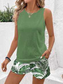 SHEIN LUNE Women's Casual Vacation Shorts Set, Women's Vacation Set, Tropical Leaf Print - Multicolor - View 4