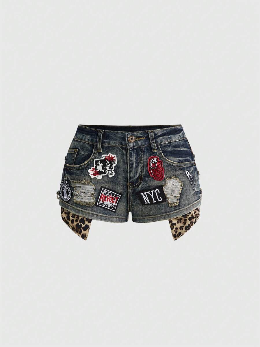 ROMWE Grunge Punk Y2K 夏季女装豹纹拼接徽章刺绣超低腰牛仔短裤 - 藍色 - 查看 1