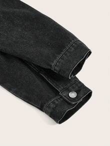 SHEIN MOD Heart Embroidery Ripped Raw Hem Denim Jacket - Black - View 4