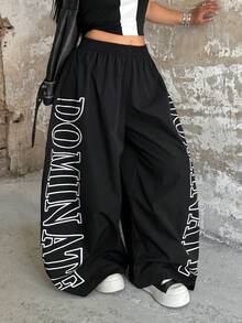 POPSWAY TreetHx Elastic Waist Pants Set, Letter Print, Women Street Style - Black - View 1