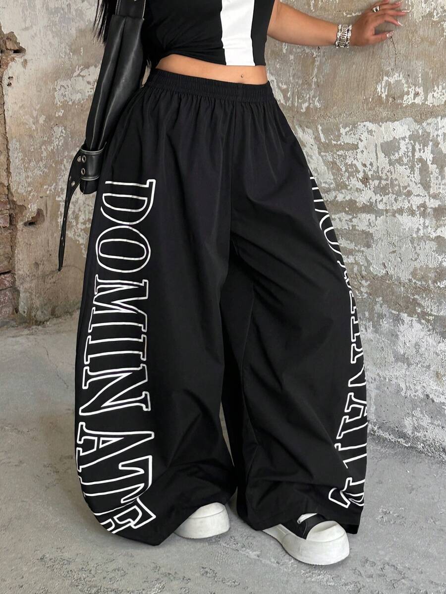 POPSWAY TreetHx Elastic Waist Pants Set, Letter Print, Women Street Style - Black - View 1