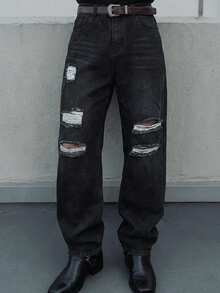 Manfinity VCAY Quần jeans nam ống rộng, rách, dáng suông, đa năng, màu đen, rách rưới, quần jeans rộng thùng thình, quần jeans nam, quần jeans rách cho nam. - màu đen - Xem 8