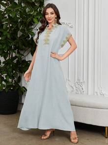 Al Najma Embroidered Collar Floral Raglan Sleeve Stand Collar Elegant Dress - Blue - View 5