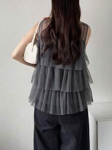 FRIFUL Áo không tay xếp lớp phối lưới cổ tròn dành cho nữ - Màu xám đen - Xem 6