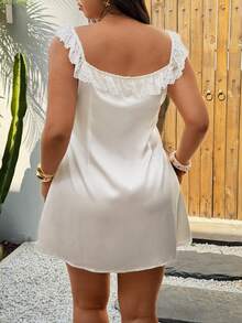 Sunnyshic Lace Trim Square Neck Slip Dress, Satin Smooth Waist Cinching A-Line Mini Skirt - White - View 2