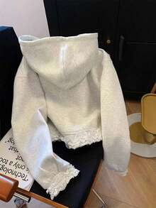 INAWLY Women Contrast Lace Trim Hooded Sweatshirt Fall - Light Grey - View 2