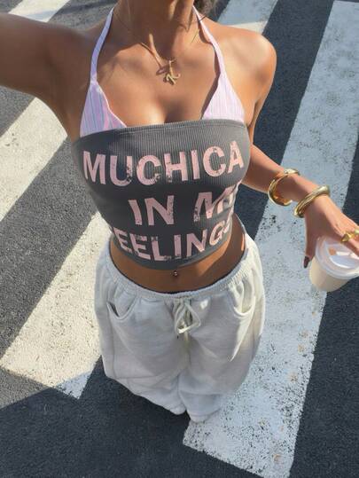 Muchica 2 IN 1 Contrast Color Knit Printed Halter Neck Women Top,Summer Outfits For Women,Going Out Tops