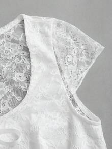 Sweetra Women's Sweet Lace T-Shirt, Ribbon Bow Decor, Square Neck Knit Top, Suitable For Daily, Dates, Gatherings - White - View 3