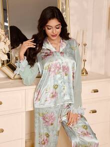 LuxeNights Women's Elegant Floral Print Mandarin Collar Mesh Patchwork Long Sleeve Shirt And Pants Pajama Set, Spring/Summer/Autumn - Multicolor - View 3