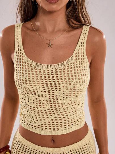 SHEIN BAE Women's Casual Vacation Embroidered U-Neck Camisole Knit Top,New For 2026, Beach Vacation Style. Women's Vacation Wear, Summer Holiday Outfit, Elegant Dress, Holiday, Vacation. This Yellow Openwork Rope Embroidered Knit Top Is Perfect For Beach Vacations, Dates, Casual Outings, Music Festivals, And All Kinds Of Holiday Activities. Elegant And Sexy, This Yellow Knit Top Is Ideal For Beach Vacations, Seaside Trips, And Beach Dates.