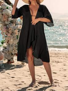 Swim Vcay Women's Loose Lightweight Kimono Cover Up - Black - View 4