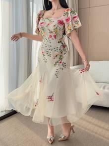 DAZY Women's Elegant Floral Print Square Neck Puff Sleeve Dress, Summer Wedding Guest Dress Maxi Dress Sundress - Beige - View 3