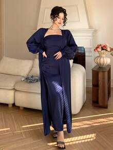 DAZY Women's 2-Piece Set Navy Blue Shawl Collar Long Cardigan Shirt Dress,Autumn Elegant Modest Dining Party Sequin Formal Gown,Bodycon Mermaid Midi Dress - Navy Blue - View 6