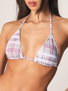 MISSGUIDED Plaid Check Triangle Bikini Set Two Piece Swimsuit Halter Top Tie Front Bottom Summer Beach - Multicolor - View 4