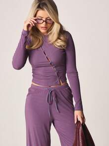 MISSGUIDED Ribbed Knit Striped Long Sleeve Button Front Crop Top Wide Leg Pants Two Piece Co Ord Set Fall Winter Lounge - Multicolor - View 4