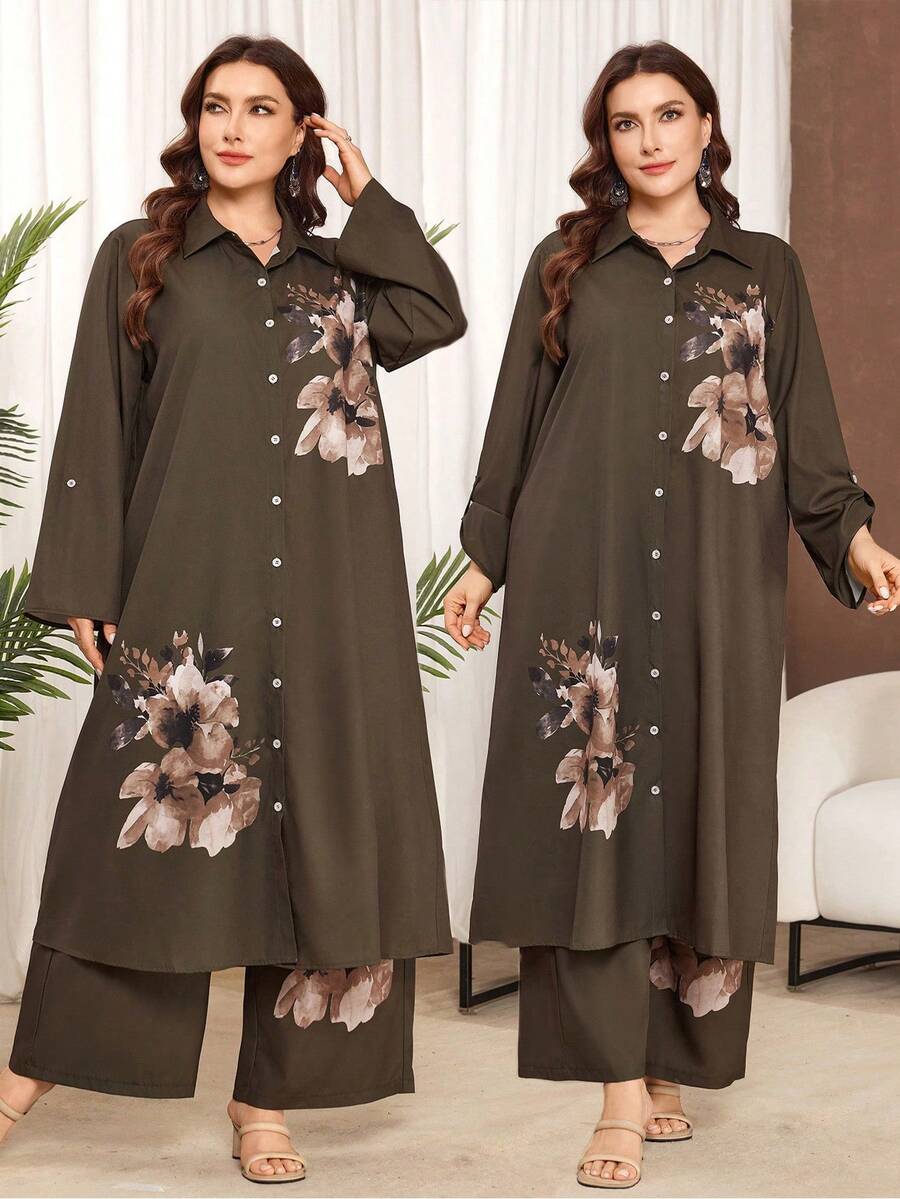 Lacomfia Women's Floral Print Plus Size Shirt And Wide Leg Pants Two Pieces Set, Casual And Minimalist, Plus Size - Multicolor - View 1