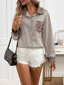 SHEIN LUNE Women's Spring Leopard Print Patchwork Pocket Long Sleeve Striped Shirt - Khaki - View 3