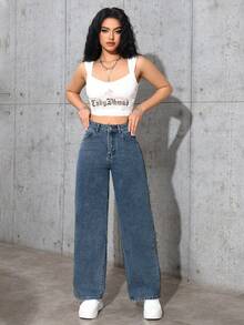 SHEIN PETITE 纯色斜插口袋休闲百搭直筒牛仔裤 - 寶藍色 - 查看 4