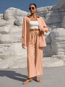 SHEIN LUNE 2pcs Women's Dropped Shoulder Long Sleeve Button Front Casual Versatile Set - Pink - View 4