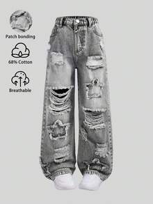 Tween Girl Retro Casual Personalized Fashion Blue Washed Ripped Patch Five-Pointed Star Embroidery Straight Leg Jeans, Relaxed Holiday & Casual Style Bottom - Grey - View 3